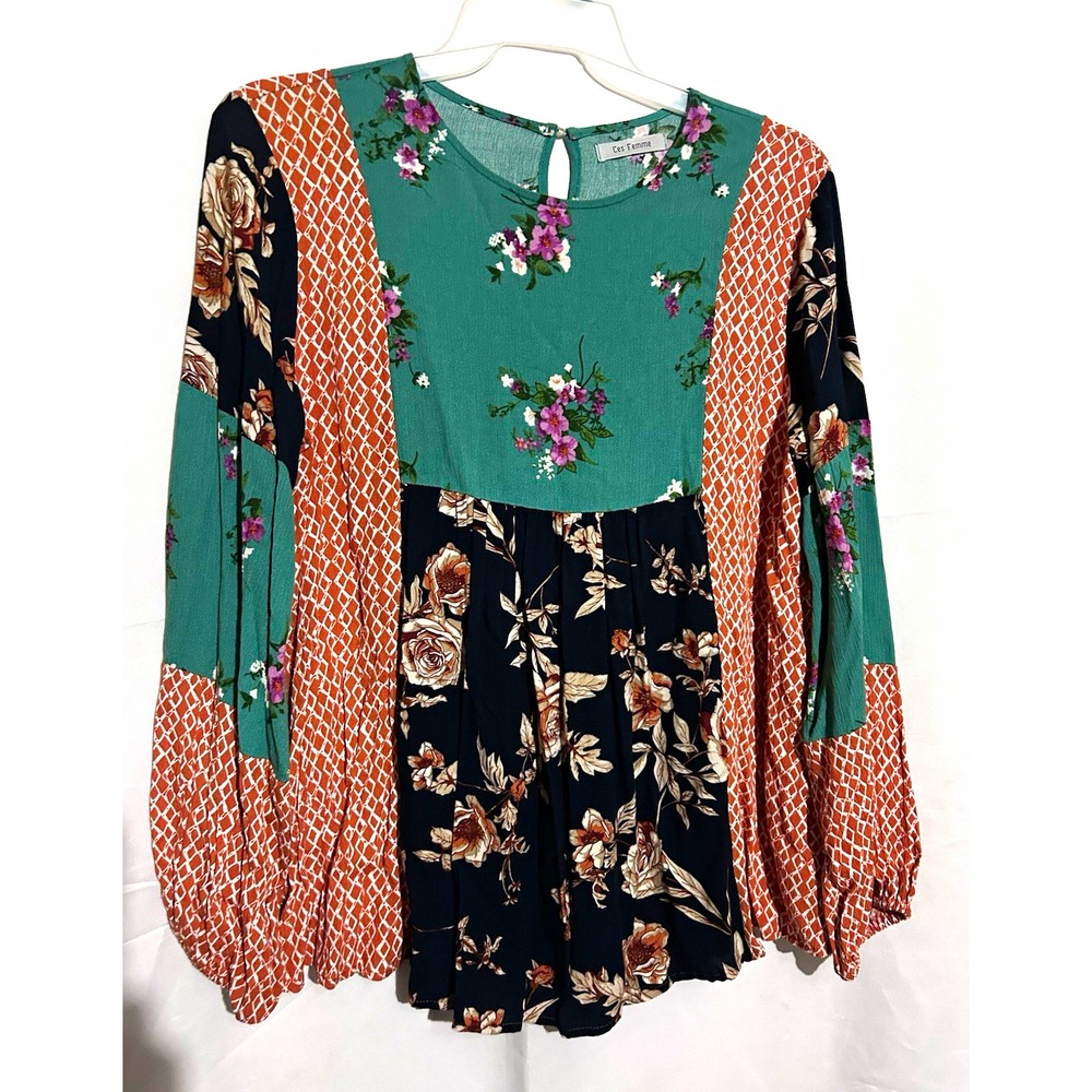 Ces Femme Green Black Brown Floral Keyhole Long Sleeve Tunic Blouse Women's M